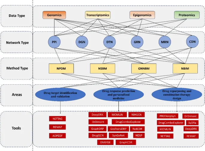 Network-based drug discovery showing target identification and combination strategies