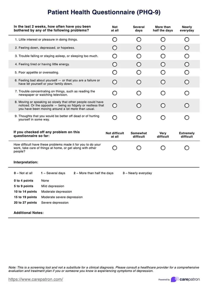 Clinical assessment tools for mood disorders including PHQ-9 and mood rating scales