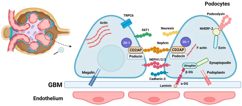 Molecular diagram of nephrin and podocin proteins in slit diaphragm structure