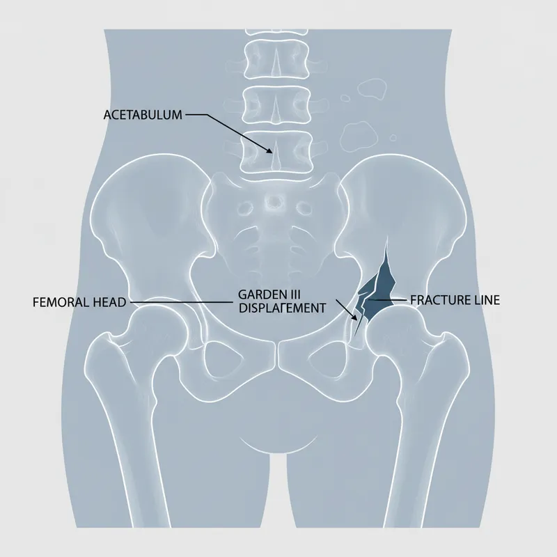Figure 3: Lateral hip X-ray showing Garden III displaced intracapsular fracture with posterior displacement of femoral head