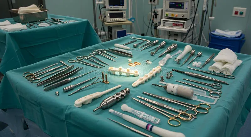 Operating room setup showing surgical instruments and implants