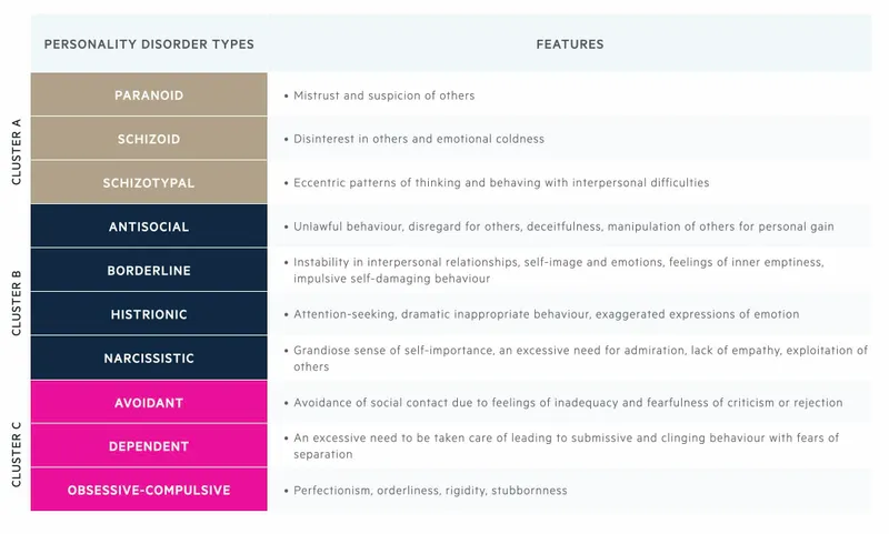 Comprehensive diagram showing personality disorder clusters and their characteristic features