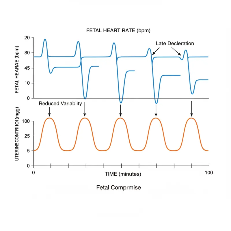Figure 2: Cardiotocograph trace showing reduced variability and late decelerations indicating fetal compromise