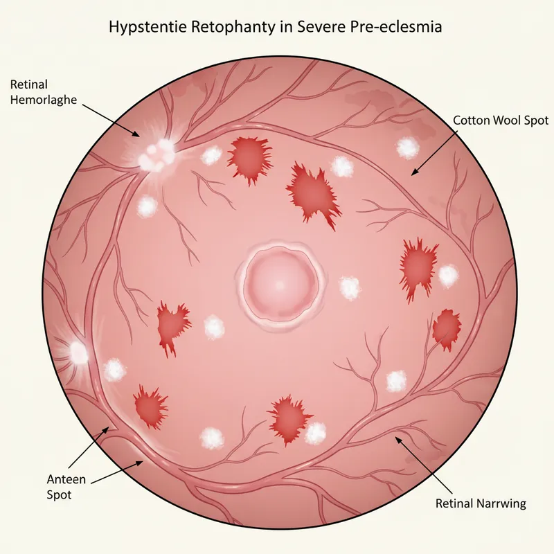 Figure 3: Fundoscopy image showing retinal hemorrhages and cotton wool spots in severe pre-eclampsia