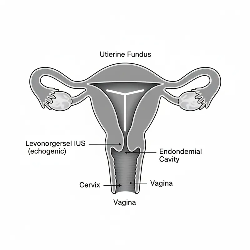 Figure 1: Sagittal ultrasound image showing levonorgestrel intrauterine system correctly positioned in uterine cavity with echogenic stripe