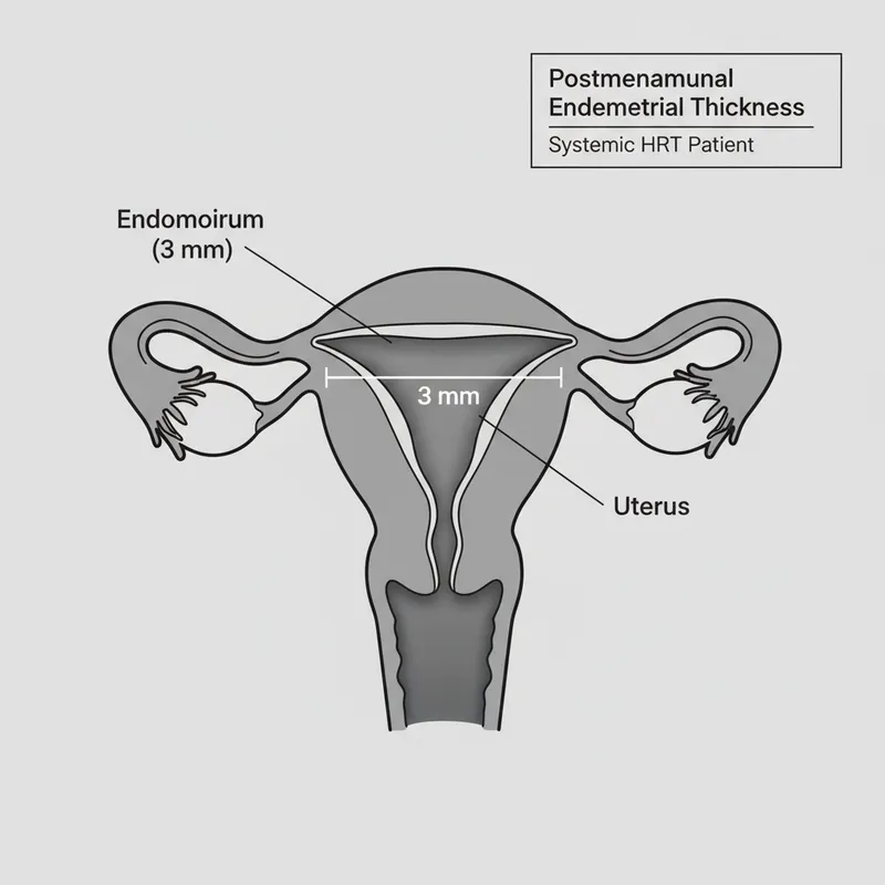 Figure 3: Transvaginal ultrasound showing thin endometrial stripe measuring 3mm in postmenopausal woman on systemic HRT