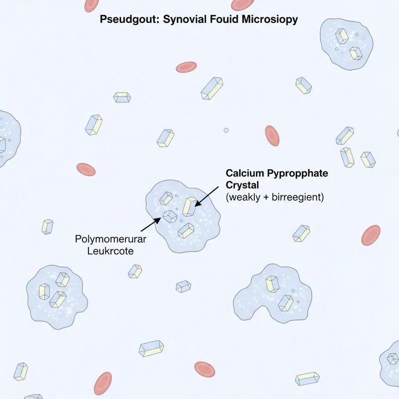 Figure 3: Synovial fluid aspirate showing rhomboid-shaped weakly positively birefringent calcium pyrophosphate crystals in pseudogout
