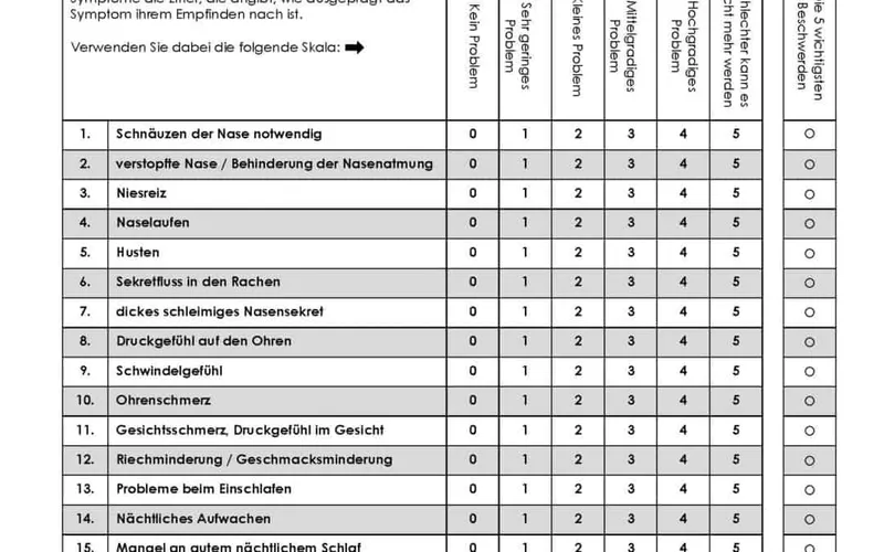 SNOT-22 questionnaire scoring chart and interpretation guide