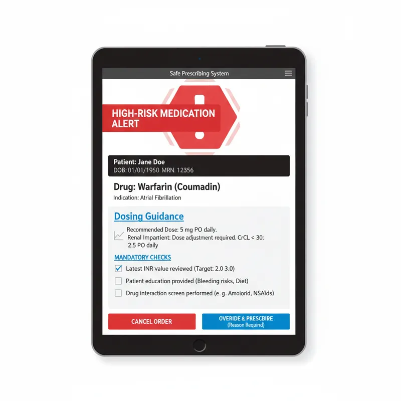 Figure 1: Electronic prescribing alert system displaying high-risk medication warning with dosing guidance and mandatory checks