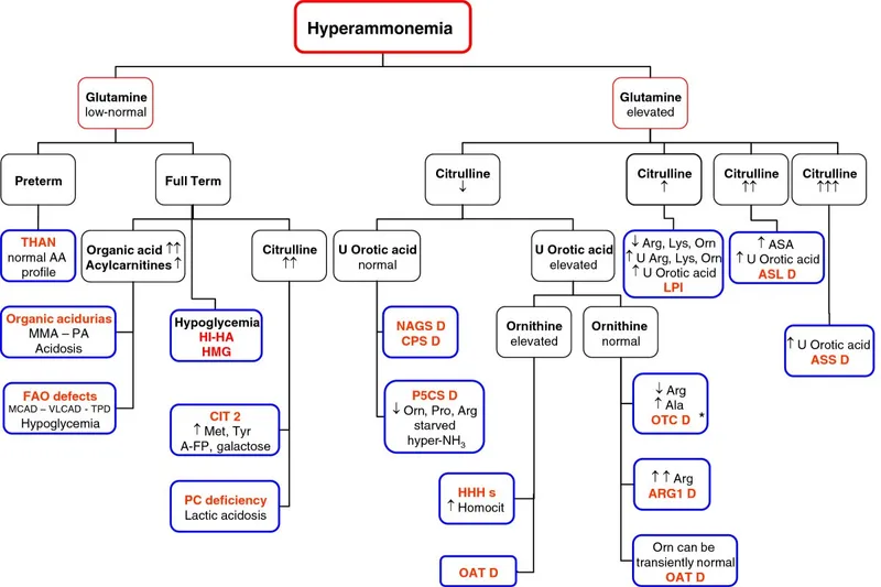 Biochemical patterns distinguishing primary vs secondary hyperammonemia