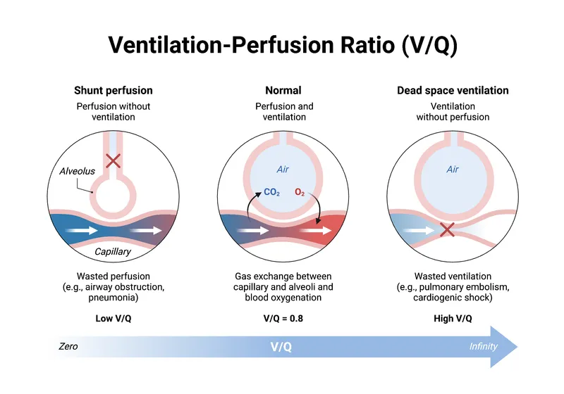 Normal alveolar-capillary interface showing optimal ventilation-perfusion matching