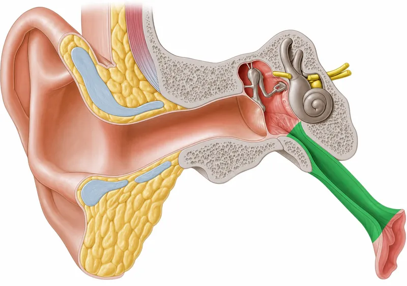 Anatomical diagram showing eustachian tube connection to nasopharynx and middle ear