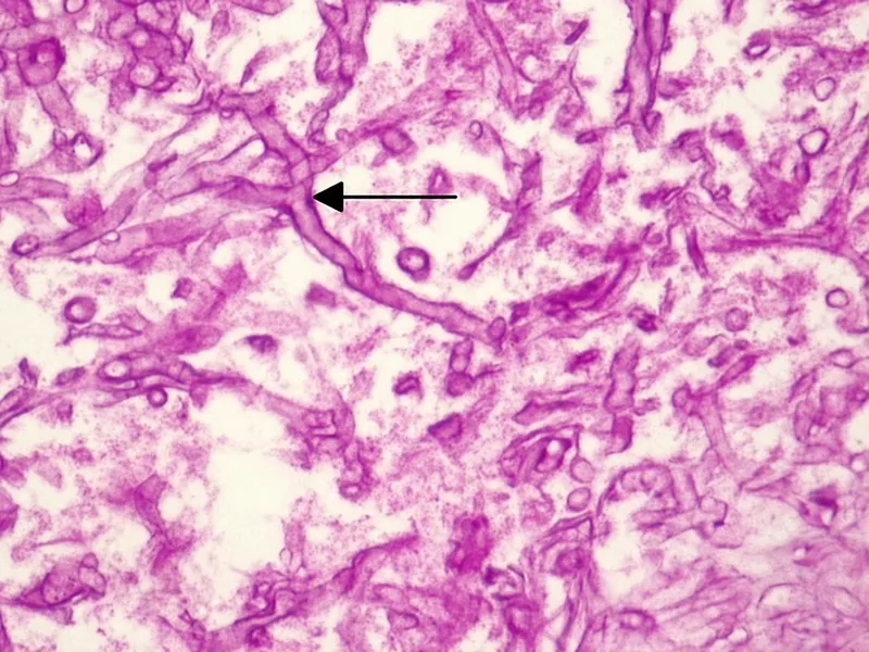 Mucormycosis: Broad non-septate hyphae at 90-degree angles