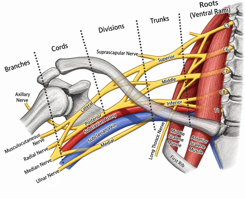 Brachial plexus roots, trunks, divisions, cords, branches