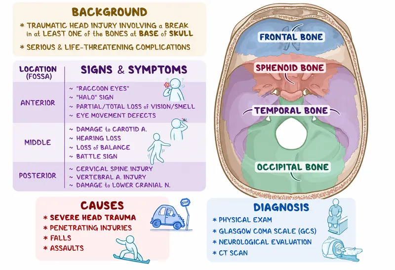 Clinical signs of skull base fractures including Battle's sign and raccoon eyes
