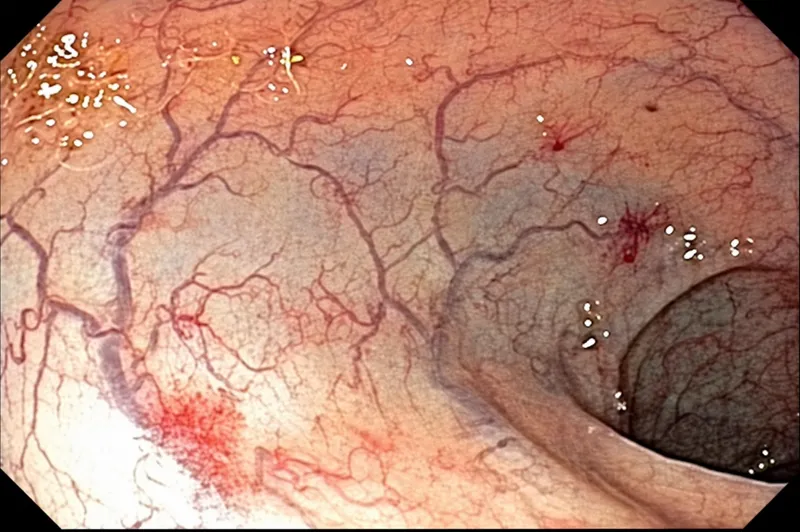 Colonoscopy showing angiodysplasia vascular lesion