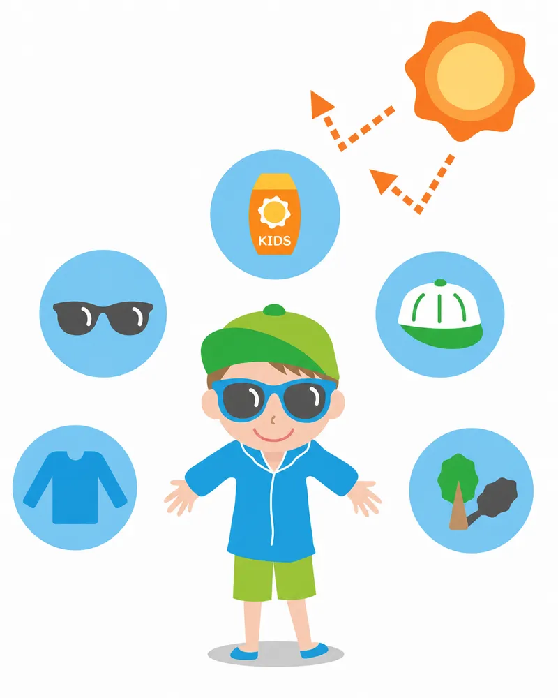 Sun protection for kids: sunscreen, hat, sunglasses, shade