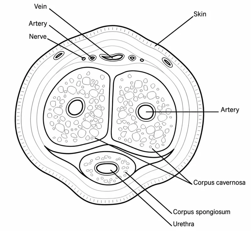 Cross-section of penis showing corpora and urethra