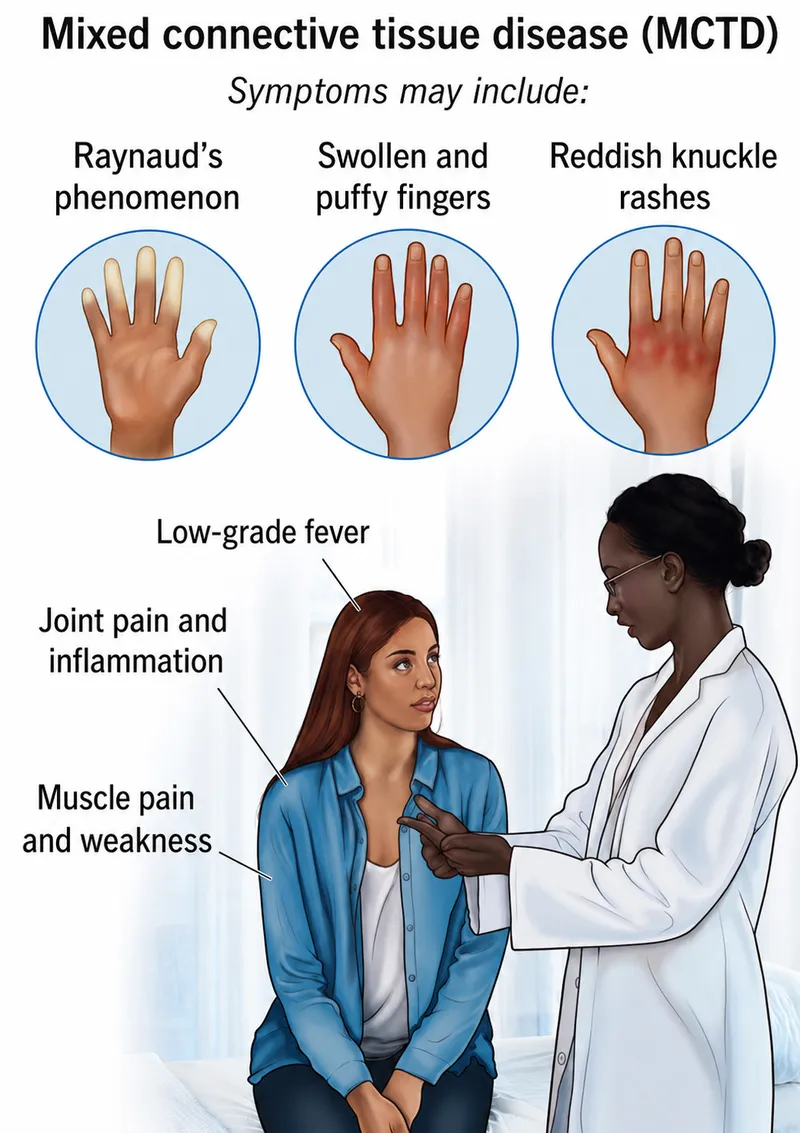 MCTD Symptoms: Raynaud's, swollen fingers, rashes, pain