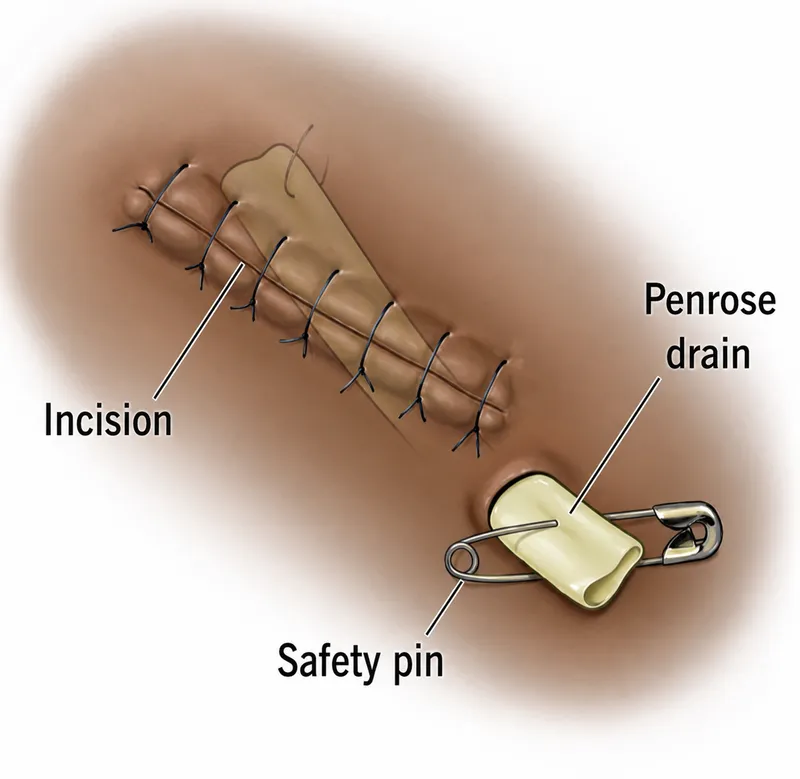 Penrose drain placement with safety pin