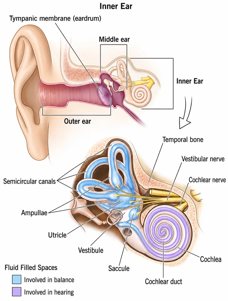 Inner ear anatomy: balance (blue) and hearing (purple)