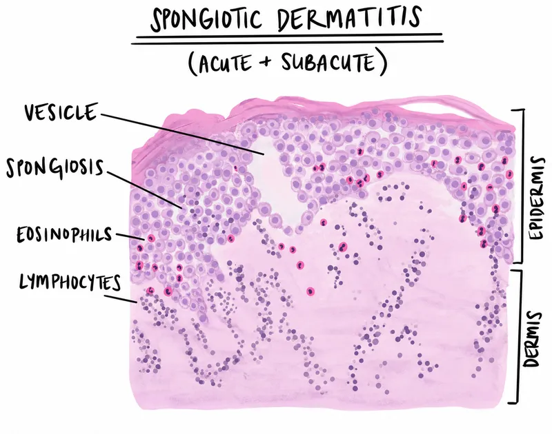 Microscopic view showing spongiosis characteristic of eczematous inflammation