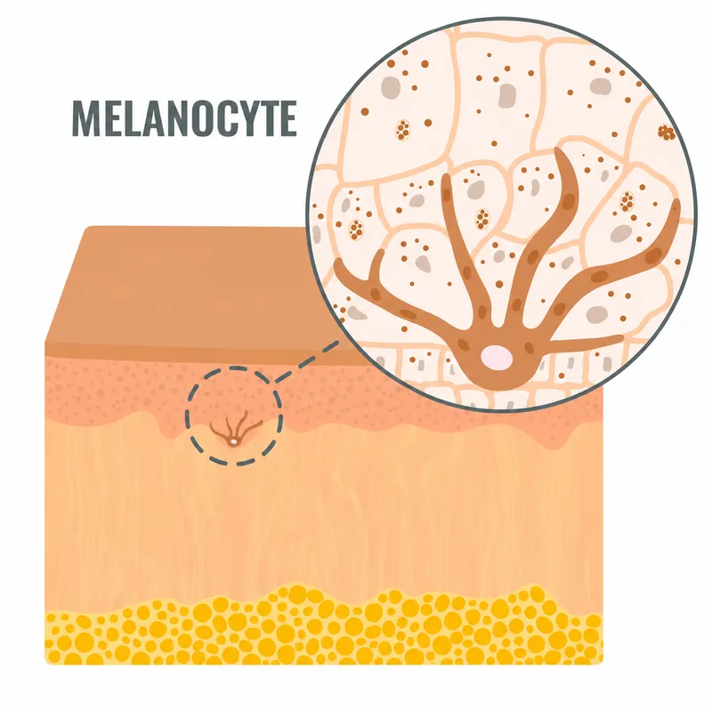 Melanocyte location and melanosome transfer in skin