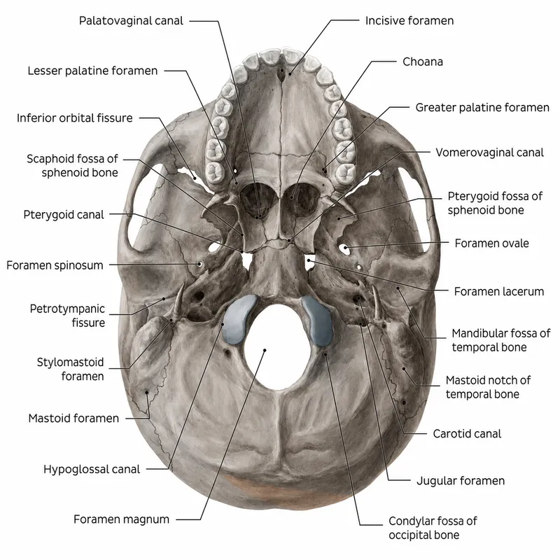 Skull base view showing major foramina and their contents