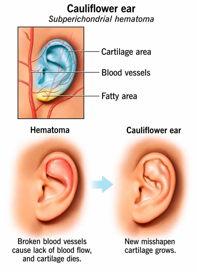 Cauliflower ear formation from subperichondrial hematoma