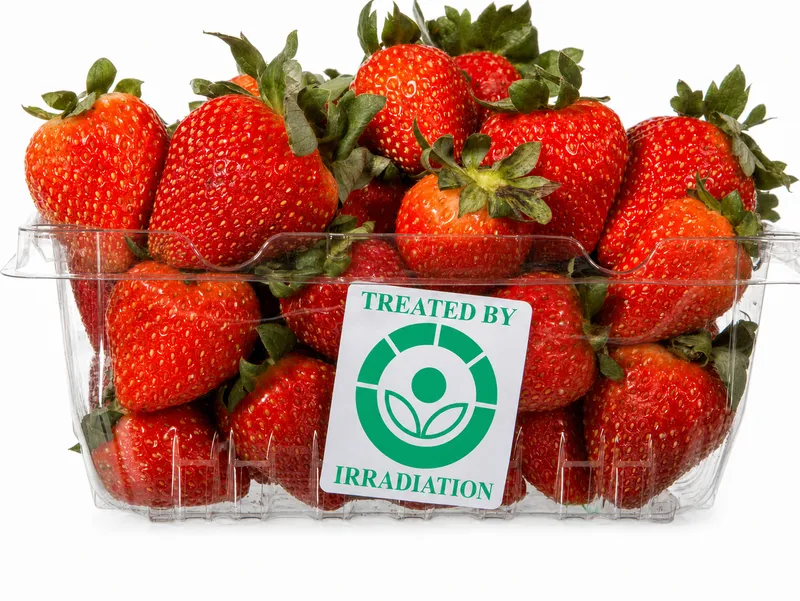 Radura symbol on irradiated strawberries