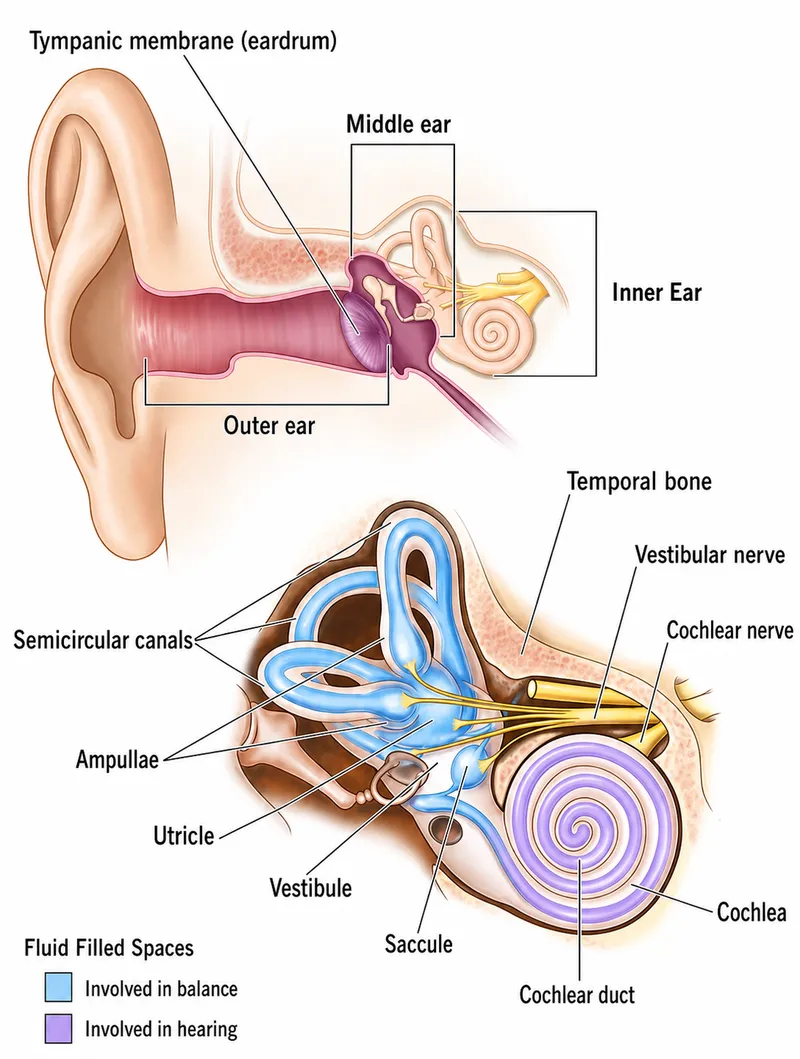 Comprehensive vestibular system anatomy showing semicircular canals and otolith organs