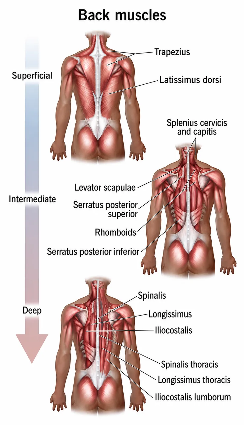 Back muscles: superficial, intermediate, deep