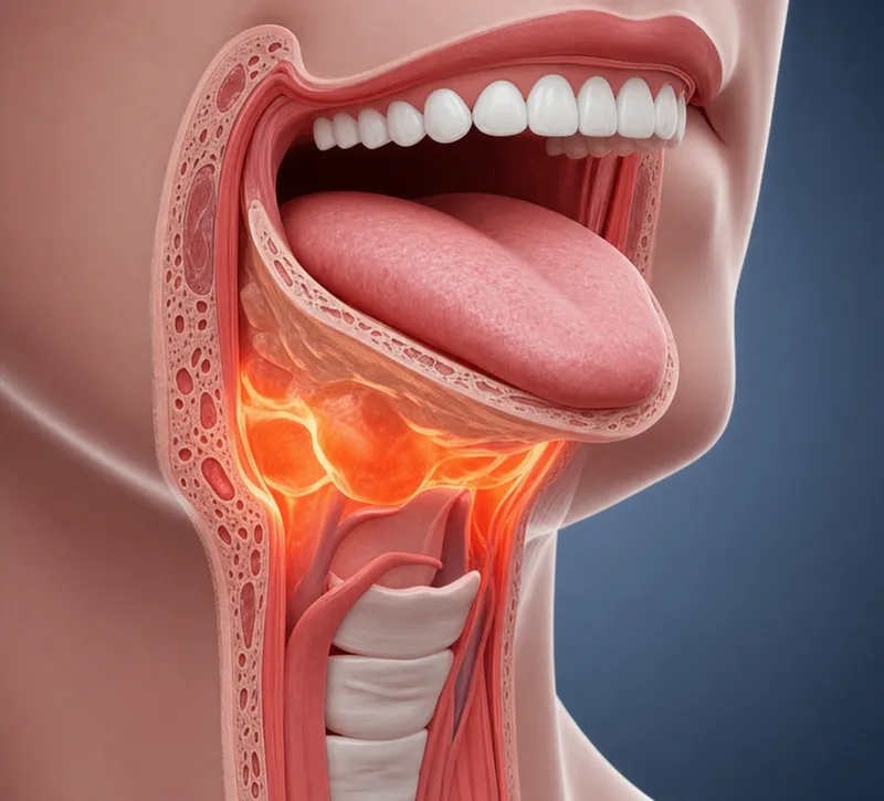 Inflamed pharynx cross-section in pharyngitis
