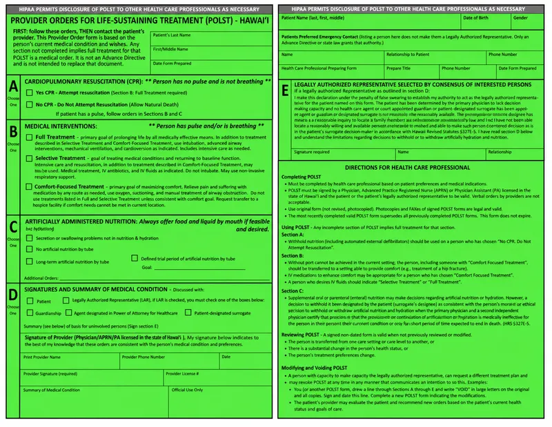 POLST form for CPR, medical interventions, and nutrition