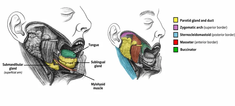 Anatomical diagram showing major salivary glands with ductal system