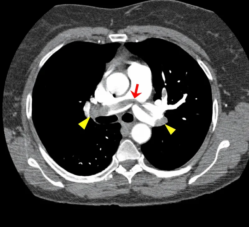 CT angiogram showing saddle pulmonary embolism