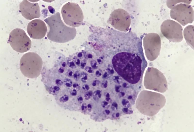 Leishmania amastigotes in macrophage, Giemsa stain