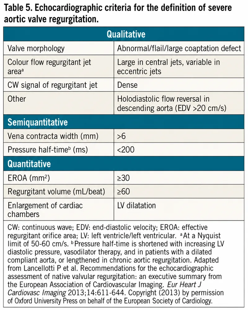 Echocardiographic criteria for severe aortic regurgitation