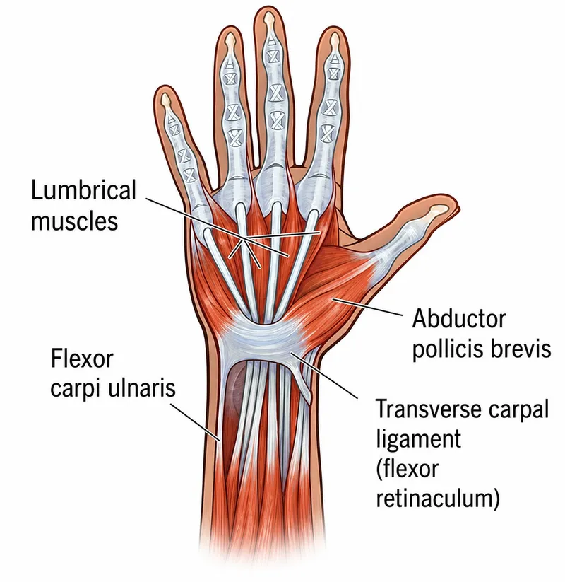 Detailed anatomical illustration of hand bones, joints, and muscle attachments