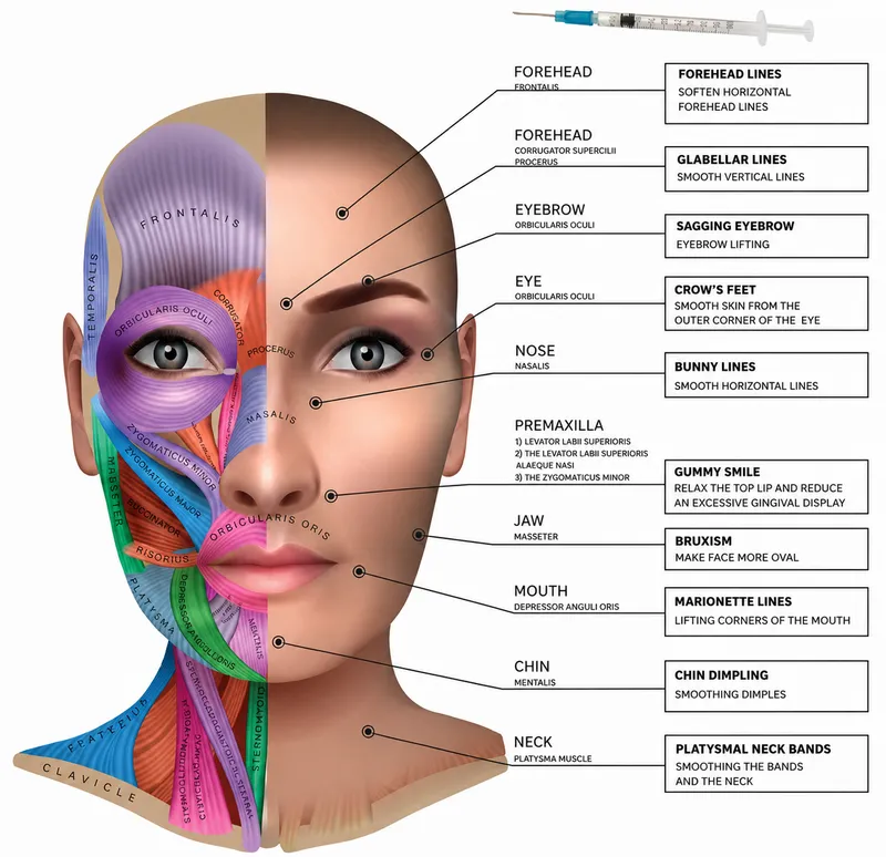 Facial muscles and botulinum toxin injection sites