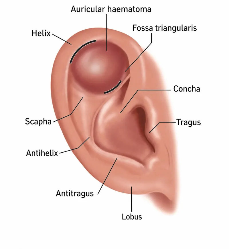 Auricular hematoma diagram with labels