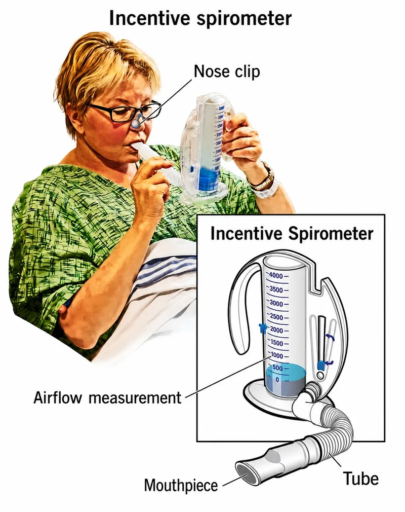 Patient using incentive spirometer with diagram