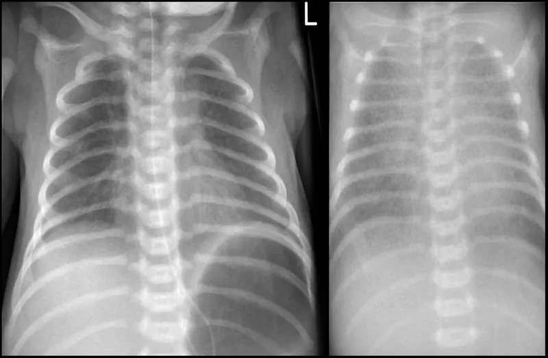 Neonatal RDS CXR with ground glass appearance