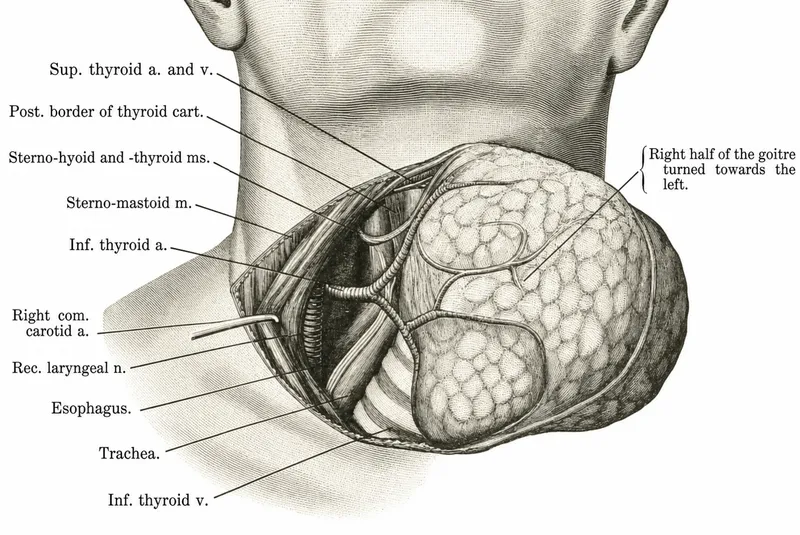 Surgical anatomy of thyroid gland showing recurrent laryngeal nerve pathway