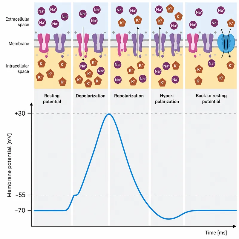Action potential graph showing voltage changes over time with ion channel activity