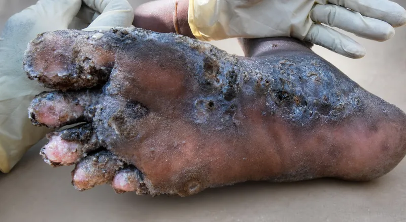 Tungiasis lesions on feet with embedded sand fleas