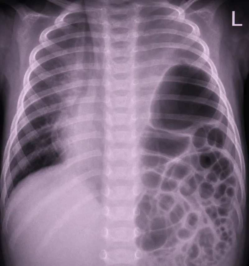 Neonatal CDH Chest X-ray: Bowel in chest, mediastinal shift
