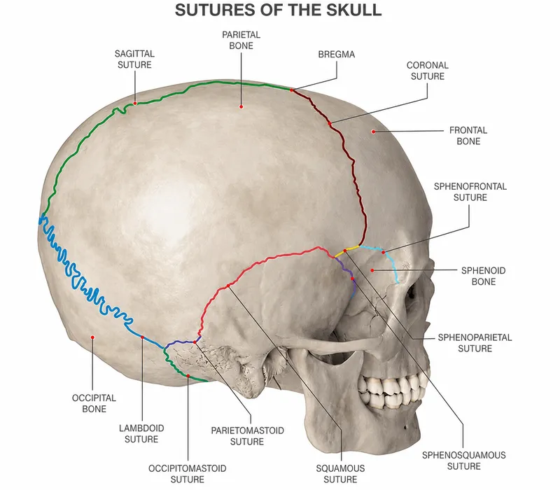 Lateral view of skull showing major bones and suture lines