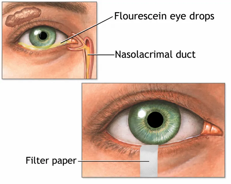 Schirmer test and fluorescein eye drops for dry eyes