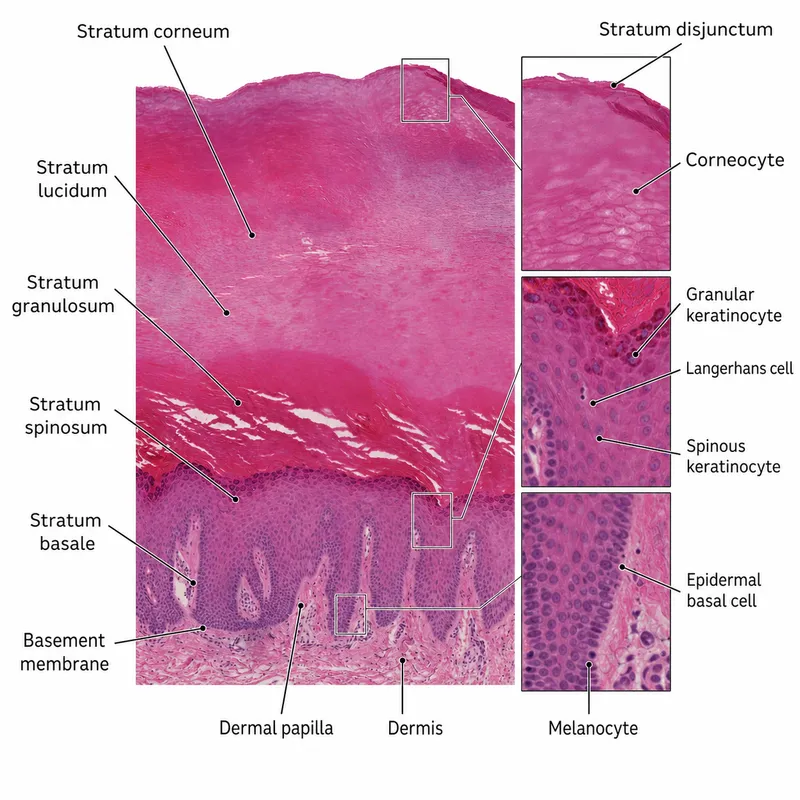 Histological cross-section showing normal skin architecture with labeled epidermal layers
